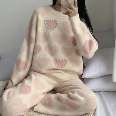 China QUICK DRY 2021 New style ladies winter sleepwear wholesale long sleeve knitted two piece soft and sweet fashion pearl pajamas for sale