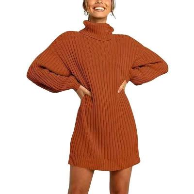 China Anti-Wrinkle Women Turtle Neck Lantern Long Sleeve Casual Loose Oversized Knit Sweater Dress Winter Soft Sweater Dresses for sale