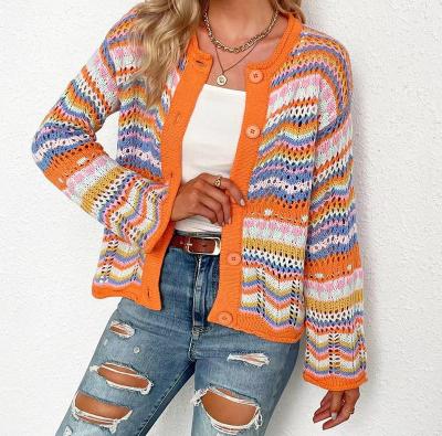 China Anti-Wrinkle Stylish Rainbow Stripe Colored Long Sleeve Knit Cardigan Women Autumn Hollow Out Oversized Sweaters Fashion Female Tracksuit for sale