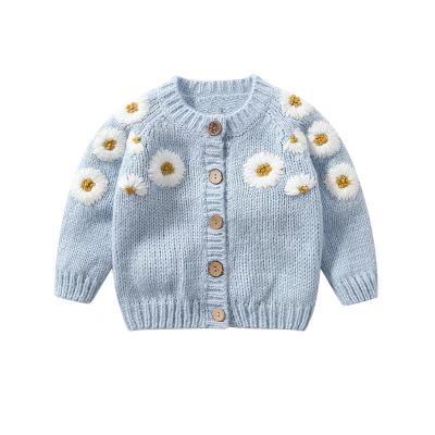 China Embroidered Wool Children's Sweater Anti-Pilling Children's Cardigan Longsleeve Sweater Designs For Kids Hand Knitted Nice Flower Crochet Patch for sale