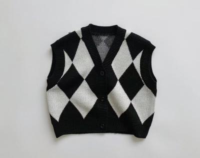 China Black and white geometry pattern rhombus sweater kids winter anti-pilling varsity school uniform cardigan unisex sweater sleeveless customs for sale