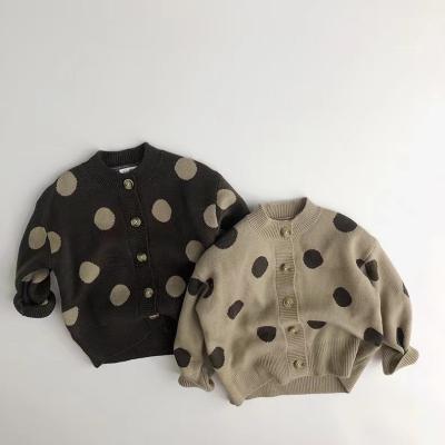 China Anti-pilling round neck boys and girls baby knitted wool cardigans clothes kids dots sweater kids open front with button good quality for sale