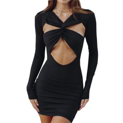 China 2022 Anti-wrinkle design high quality summer nightclub hot selling sexy longsleeve hollow out mini casual bodycon evening dress women dress for sale