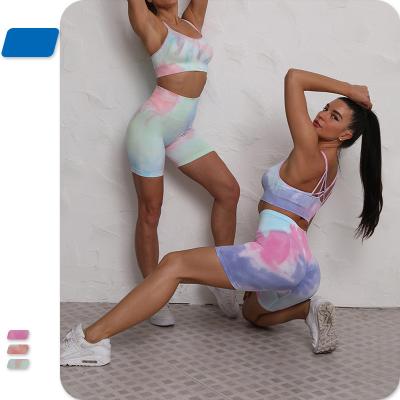 China Seamless Viable Tie-Dye Short Quick Dry Yoga Suit Women's Gradient Workout Diet Suit for sale