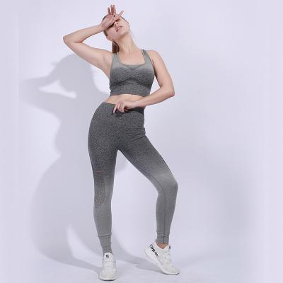 China Gradient Color Viable Set Vest Sports Sleeveless Top Seamless Knit Yoga Suit Women's Mesh Fitness Pants for sale