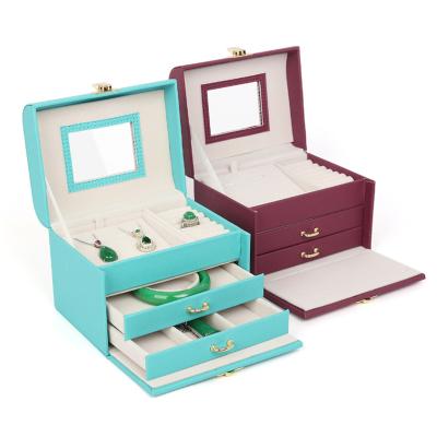 China Handmade Jewelry Box Travel Mirror Box Drawer Brand PU Jewelry Organizer Leather Storage Case for sale