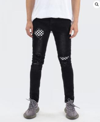 China Checker Patchwork Breathable Custom Leg Black Straight Jeans For Men for sale