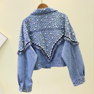 China Luxury Breathable Ladies Pearl Diamond Long Sleeve Coat Women Denim Jacket With Pearl for sale