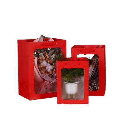 China Recycled Materials Shape In Place Tote Paper Bags Candy Box Flower Gift Bag Window Bouquet Transparent Tote Mother's Day Christmas Party for sale