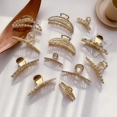 China New Crystal Metal Hair Clip Simple Temperament Rhinestone Pearl Elegant Fixed Hair Clip Large Hair Claw Accessories for sale