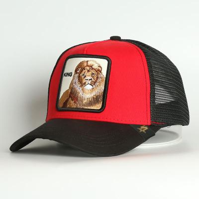 China OEM COMMON Brand Custom Hat Embroidered Lion King Cap Animal Logo Mesh Trucker Hat for sale