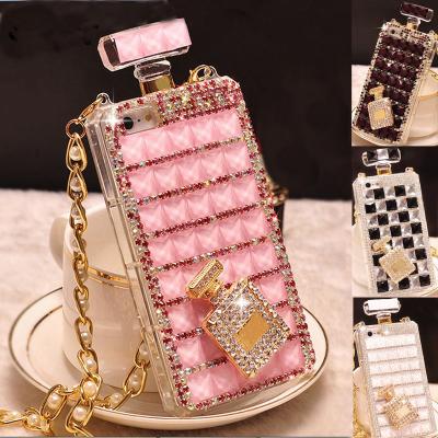 China Luxury Bling Diamond Rhinestone Perfume Bottle Designer Shockproof Silicone Cover With Chain Phone Case For iPhone 13 11 12 pro XS Max XR for sale