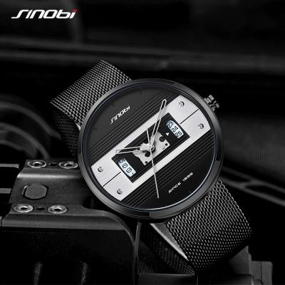 China Unique Milanese Black Mesh Watch Calendar Window Men Quartz Watch Hallow Out Pointer Creative Watch S9825G Te koop