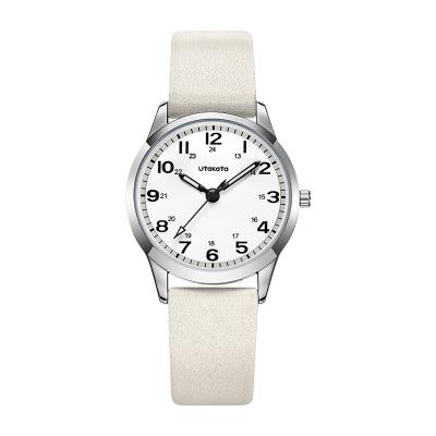 China Utakata A0002 White Leather Watch Luminous Pointer Alloy Watch 24 Hour Display Kids Watch for sale