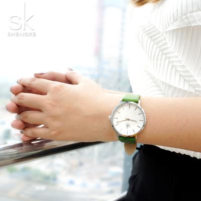 China SK Brand Soft Green Leather Watch Silver Girls Watch Minimalist Kids Watch K8026 Te koop