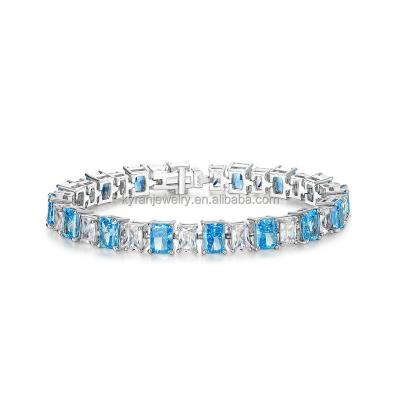 China 2023 Newest Women Jewelry 925 Sterling Silver Lead Free Nickel Free Diamond Ice Flower Cut CZ 8A Blue White Zirconia Tennis Chain Bracelet for sale