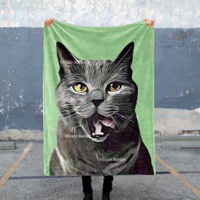 China Beach PORTABLE Soft Customized Knit Custom Woven Print Fleece Throm Blanket Cat Photo Printed Sherpa Logo for sale