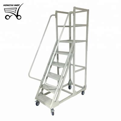 China Mobile Folding Ladders 1.5m Warehouse Supermarket Shopping Platform Step Stairs Rolling Ladder for sale