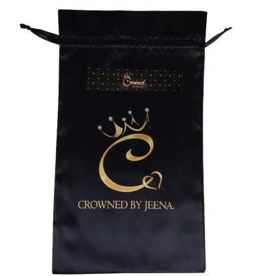 China Recyclable Black Customize Logo Satin Wig Hair Extension Packaging Drawstring Bag for sale