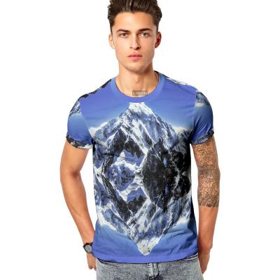 China Anti-wrinkle mountain pattern sublimation print custom round neck polyester oversized short sleeve men's T-shirt for sale