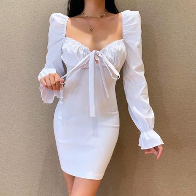 China 2021 Autumn White Ruffles Long Sleeve Viable Lace Pleated High Waisted Solid Color Casual Dress for sale