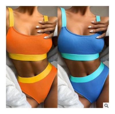 China Viable Top Wide Shoulder Strap Bikini Summer Beach Wear Two Piece Swimsuit Color Block High Waist Bikini Set for sale