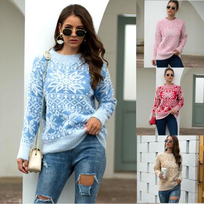 China 2021 Autumn Winter Christmas Snowflakes Printed Breathable Girl Knit Ugly Pullover Christmas Sweater Women Tops for sale