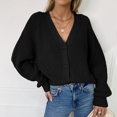 China Hot Sale Breathable Button Down Solid Color Deep V Neck Long Sleeve Women Lantern Sweaters Cardigan Sweaters for sale