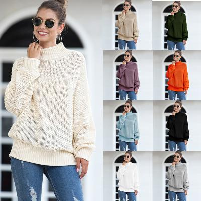 China 2021 Autumn Winter Breathable Sweater Solid Color Loose Thick Line Turtleneck Bat Sleeve Pullover Knitted Women Sweater Tops for sale