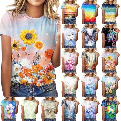 China Women's 2021 Summer Flower T-Shirts Fashion Graphics QUICK DRY Round Neck Loose Tees for sale