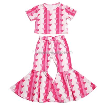 China Casual Hot Sale Valentine's Day Print Babies Teams 2 Pcs Sets Pink Striped Love Heart Crop Tops Bell Bottom Costume Kids Clothing for sale