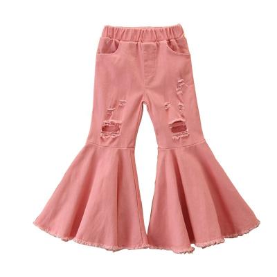 China Baby Bell Breathable 2020 Fashion Kids Basics Girls Pink Denim Ripped Pants Kids Jeans Flare Pants for sale