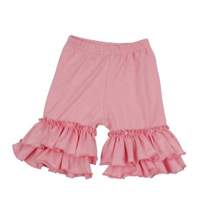 China Anti-pilling Kids Summer Double Ruffle Plain Lounge Shorts Toddlers Icing Pink Shorts Kids Clothing Girl Shorts for sale