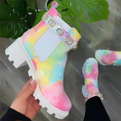 China Nude Woman Chelsea Boot Buckle Faux Stone Chunky Heel Thick-soled Waterproof Colorful Martin Boots for sale