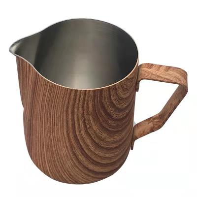 China Factory 600ml Custom Bartender Stainless Steel Latte Coffee Milk Jug Wooden Coated Outdoor Water Milk Jugs Viable for sale