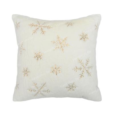 China Nondisposable White Faux Fur Gold Snowflake Embroidery Plaid Covers Soft Fluffy Plush Christmas Square Cushion Cover for sale