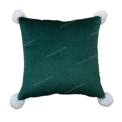 China Nondisposable Solid Decorative Pillow Coves Luxury Soft Velvet Cushion Cover With White POMPOM Tassels for sale