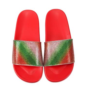 China Quick-drying 2021 summer and autumn new fashion rainbow rhinestone flat bottom ladies slippers slippers for sale