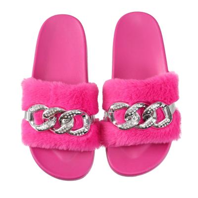 China Quick-drying 2021 Summer Best Selling Charming Women's Shoes Leisure Fashion Rainbow Mao Mao Chain Flat Slippers Women's Wear Slippers for sale