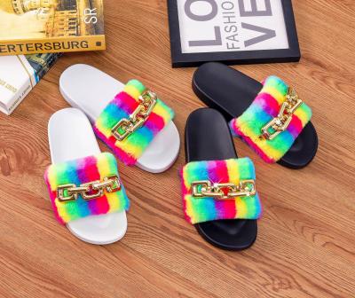 China Quick-drying 2021 Mao Mao hot casual chain rainbow fashion summer sandals and slippers women's wear flat slippers for sale