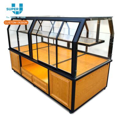 China Commercial Custom Shop Cabinet Painted/Plaminated Wooden Glass Bread Floor Rack Bakery Display Cabinet Glass Cake Showcase for sale