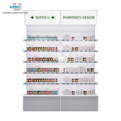 China Fashion and Modern White Pharmacy Shelves with Lights Pharmacy Store Furniture Decoration Top Light Box Custom Medicine Wall Display for Sale for sale