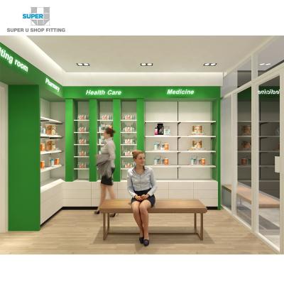 China Green MDF Health Shop Furniture Design Medical Wall Cabinet Shelf For Pharmacy Custom Wood Pharmacy Shelves Interior for sale