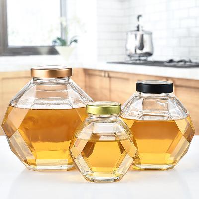 China Viable Seal Bamboo Leakproof Diamond Cork Lid Kitchen Food Glass Storage Hexagon Honey Jar for sale