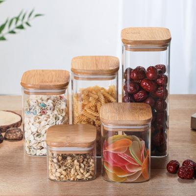 China High Borosilicate Well Sealed Airtight Clear Glass Storage Square Jar With Lid Household Snack Jar Bamboo Tea Sugar Seasonings Jar for sale