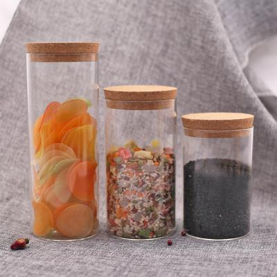 China High Borosilicate Storage Round Airtight Glass Well Sealed Clear Jar with Wooden Tea Sugar Seasonings Jar Cork Lid Household Snack Jar for sale