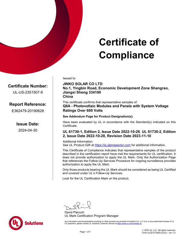 Certificate of Compliance - Hefei Sunrise New Energy Co., Ltd.