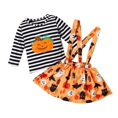 China Casual Stripe Long Sleeve Shirts Two Sets Halloween Kids Outfits For Girl 2021 for sale