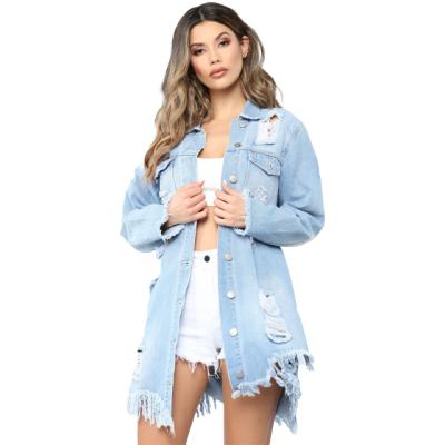 China New fashion breathable women's wind denim mid length ripped jacket long teardrop wind in the hole Ean Jacket for sale