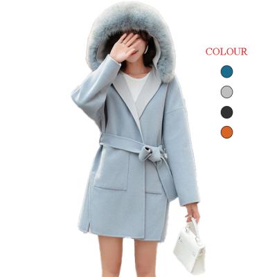 China Fashion Real Big Fox Fur Collar Breathable Female Wool Outwear Long Cashmere Woolen Jackets Women Winter Detachable Double Sided Cashmere Coat for sale